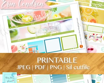 JULI MÅNADSVY Utskrivbar, juli planeringskit, Sommarmånadsvy, utskrivbara planerklistermärken, erin condren månad, juli månadsklistermärken