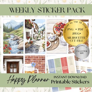 May include: A weekly sticker pack with watercolor illustrations of landscapes, food, and decorative elements. Includes a waterfall scene, European street, and a cake. The text says "WEEKLY STICKER PACK", "Happy Planner", and "Instant Download Printable Stickers". Available in US Letter size.