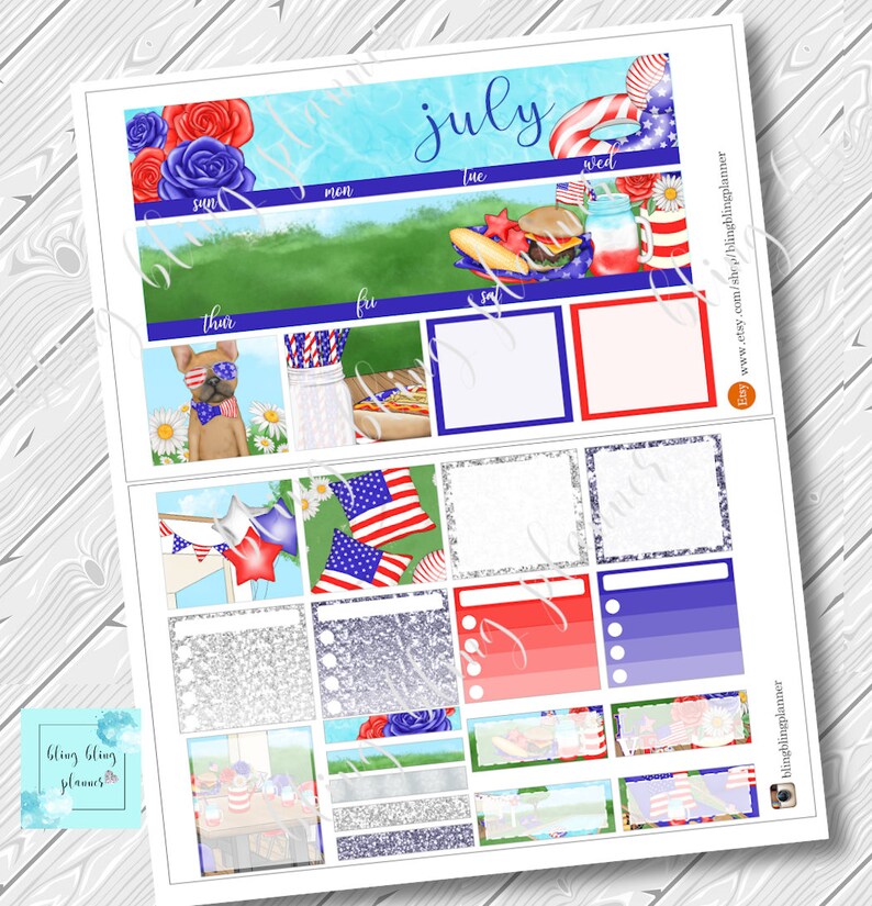 Erin Condren JULY MONTHLY KIT Printable, 4th of July Planner Stickers ...