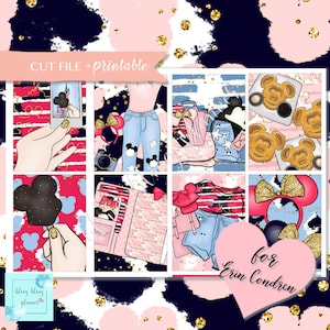 May include: A set of six printable planner stickers featuring a Mickey Mouse theme. The stickers are on a pink, blue and white background with gold glitter. The stickers include a Mickey Mouse ice cream cone, a Mickey Mouse head, a Mickey Mouse ear headband, a Mickey Mouse purse, a Mickey Mouse phone case and a Mickey Mouse character.