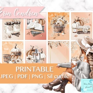 May include: Printable planner stickers featuring an autumn theme with pumpkins, leaves, and a woman in a hat and boots. The stickers are in a variety of colours, including brown, orange, and white. The text "Erin Condren" is visible in the top left corner of the image.