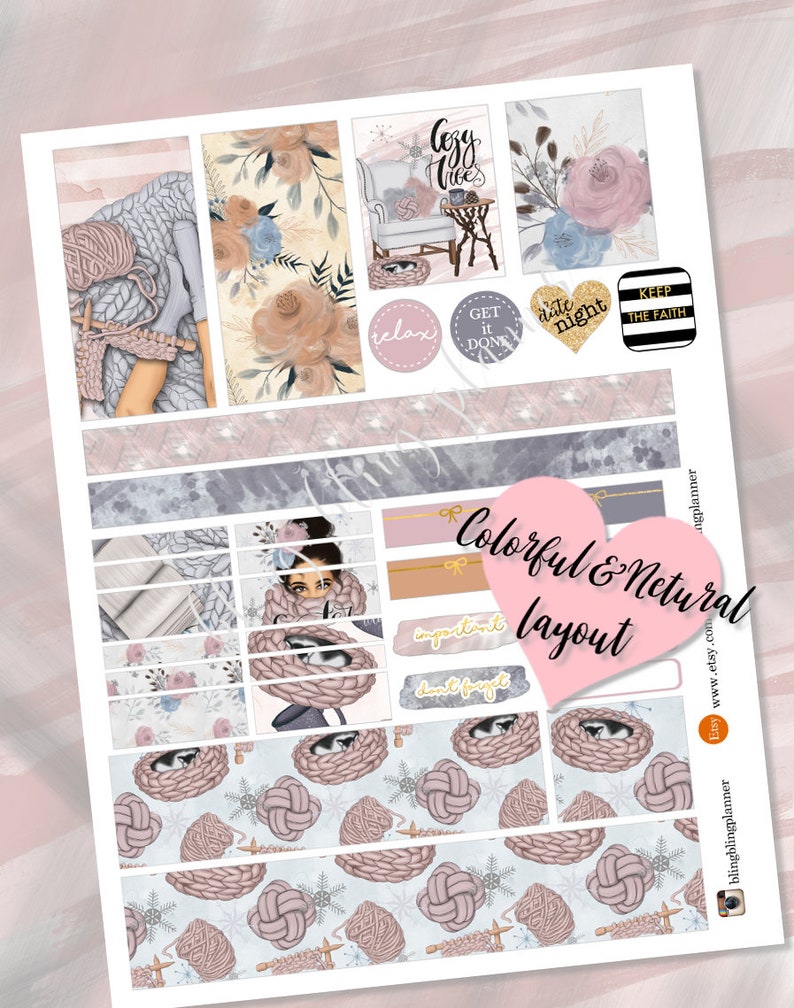 Puede incluir: Un conjunto de pegatinas digitales para planificadores con un tema invernal acogedor. Las pegatinas incluyen ilustraciones de una persona tejiendo, un patr&oacute;n floral, un sill&oacute;n acogedor, un coraz&oacute;n con el texto "date night" y un c&iacute;rculo con el texto "relax". Las pegatinas tambi&eacute;n incluyen cuadros de texto con las palabras "cozy vibes", "get it done", "important", "don't forget" y "keep the faith".