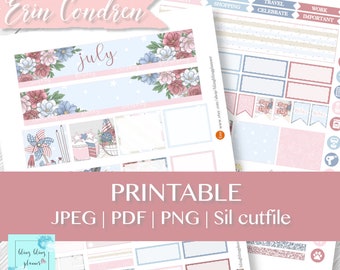Erin Condren JULI MÅNADSKIT Utskrivbart, 4 juli-planerarklistermärken, utskrivbart månatligt juli, utskrivbart planerarklistermärke, goodtnotes-klistermärke
