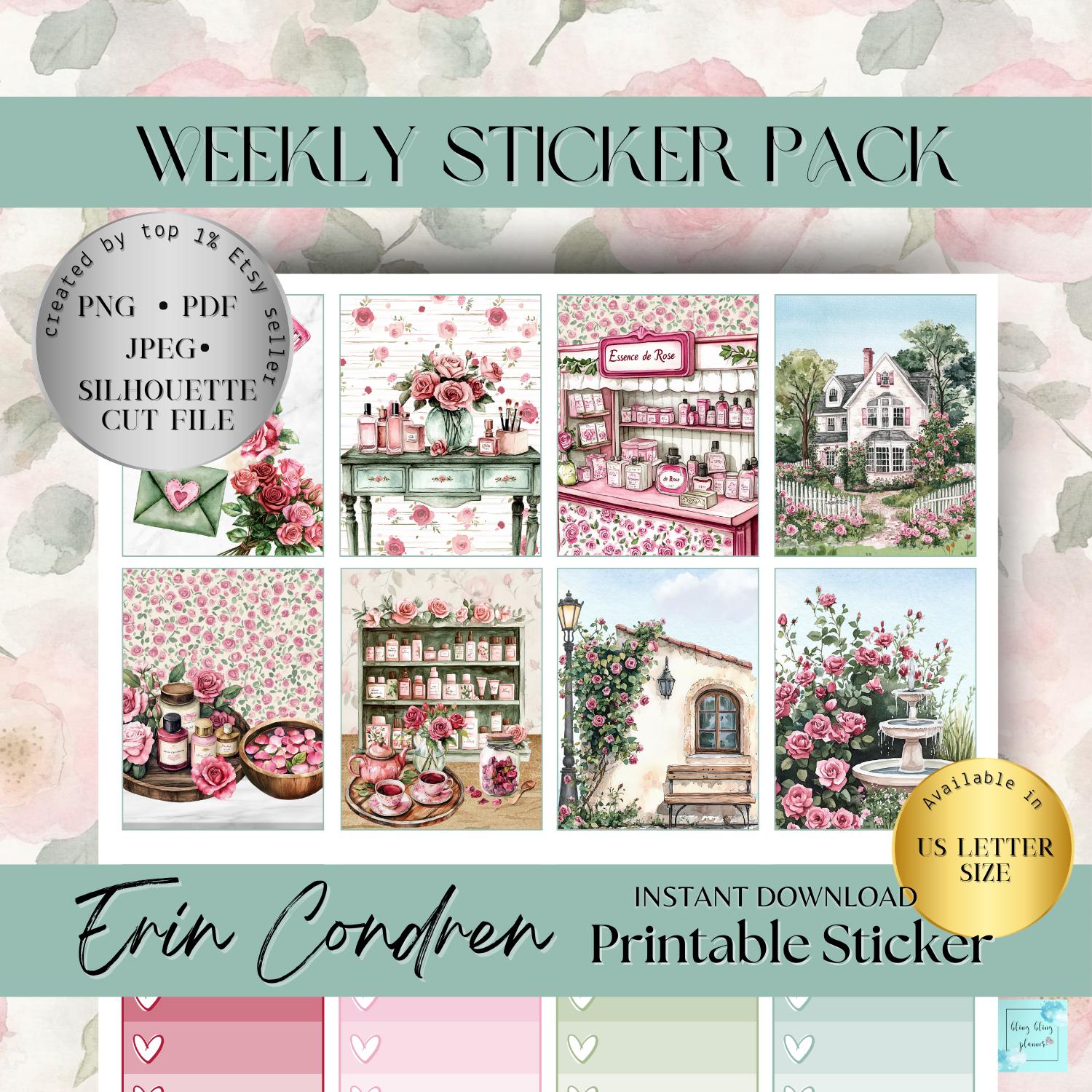 Rose Summer Printable Erin Condren Weekly Sticker, Floral August Travel ...