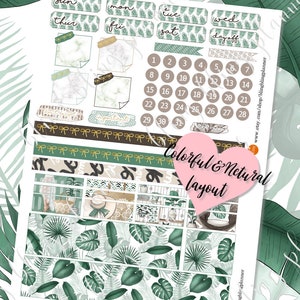 May include: A set of printable planner stickers featuring a tropical theme with green leaves, a marble pattern, and gold accents. The stickers include days of the week, numbers, and a "day off" sticker. The text "Colorful & Natural Layout" is also included.