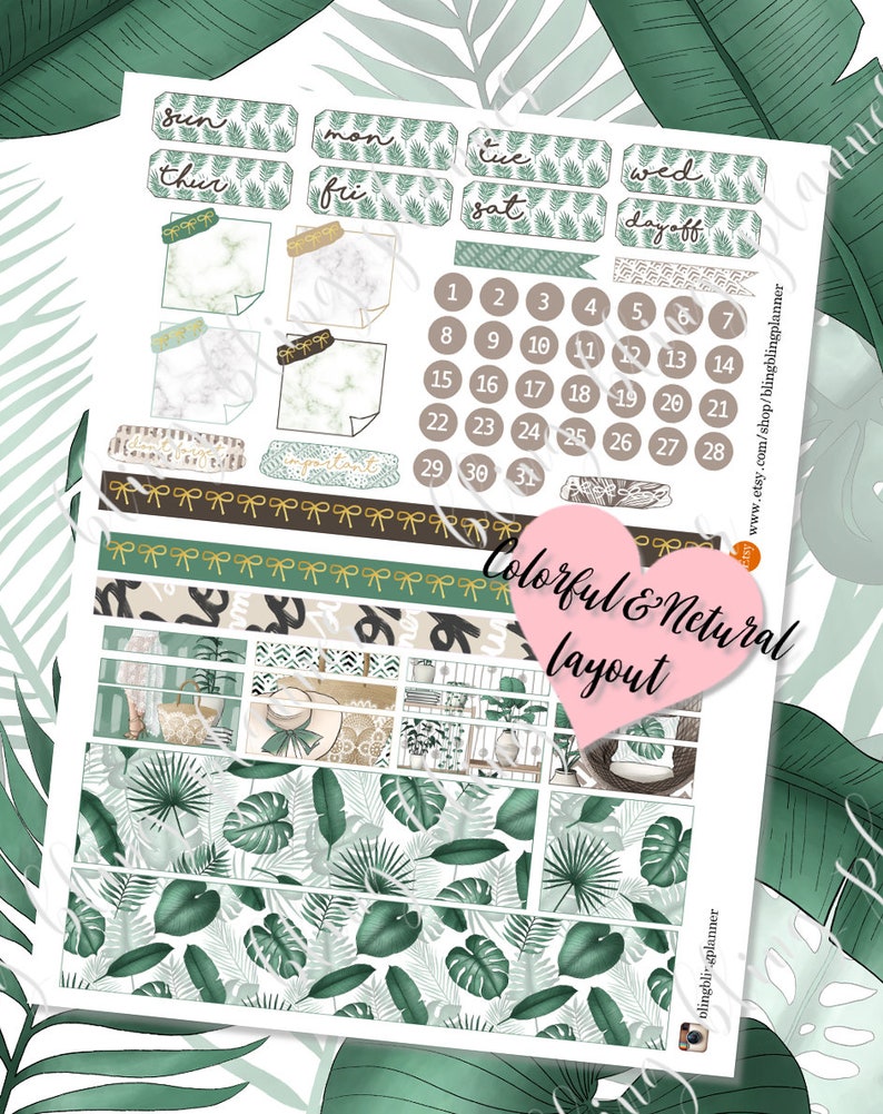 May include: A set of printable planner stickers featuring a tropical theme with green leaves, a marble pattern, and gold accents. The stickers include days of the week, numbers, and a "day off" sticker. The text "Colorful & Natural Layout" is also included.