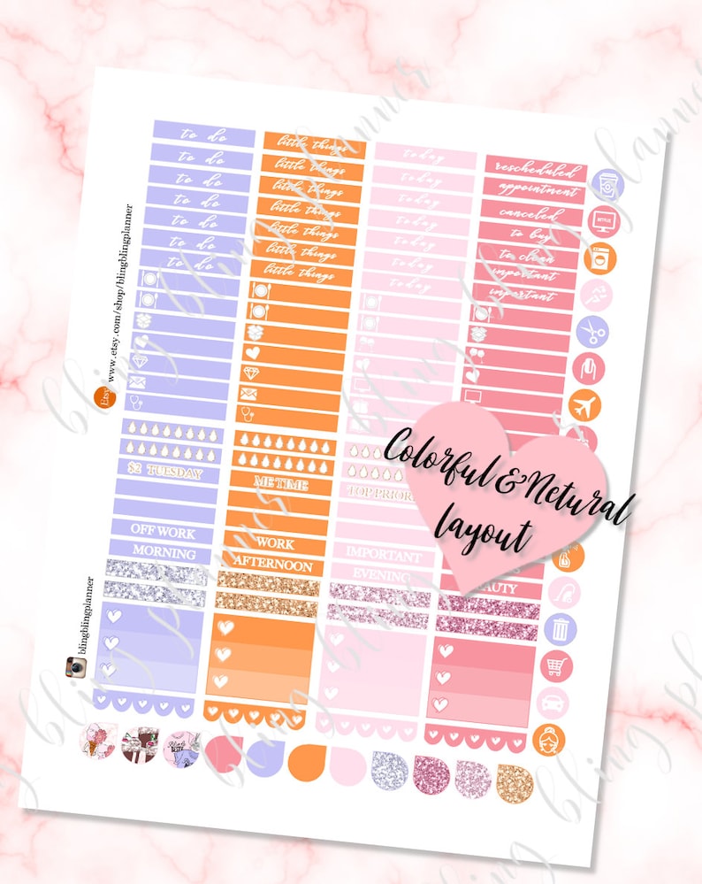 May include: A set of colorful planner stickers with various designs, including hearts, raindrops, and icons. The stickers are organized into columns with different themes, such as "To Do", "Me Time", and "Important".