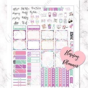 May include: A printable planner sticker sheet with a floral design. The stickers include a variety of shapes and sizes, including boxes, banners, and hearts. The stickers are in shades of pink, purple, and green. The text on the stickers includes "Weekend", "Happy Planner", "Just Relax", "Clean Makeup", "Birthday", "Travel", "Lazy Day", "Time", "Work", "Bill Due", "Etsy", "Email", and "Meet".