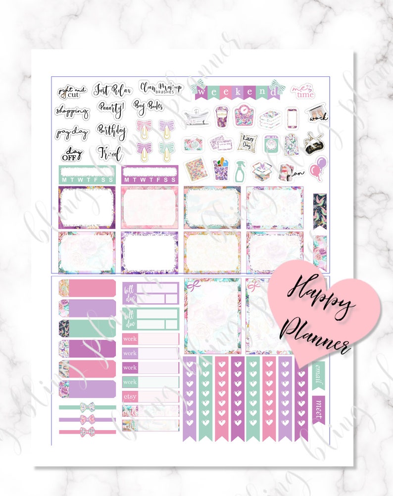 May include: A printable planner sticker sheet with a floral design. The stickers include a variety of shapes and sizes, including boxes, banners, and hearts. The stickers are in shades of pink, purple, and green. The text on the stickers includes "Weekend", "Happy Planner", "Just Relax", "Clean Makeup", "Birthday", "Travel", "Lazy Day", "Time", "Work", "Bill Due", "Etsy", "Email", and "Meet".