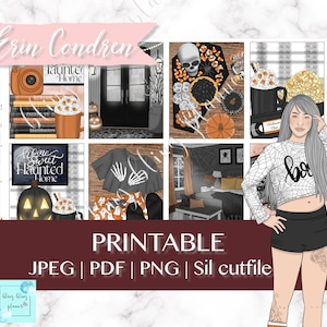 May include: Printable Halloween planner stickers featuring a spooky house, a skull, a girl in a spiderweb shirt, and a variety of other Halloween-themed designs. The stickers are in a variety of colors, including black, orange, white, and gray.