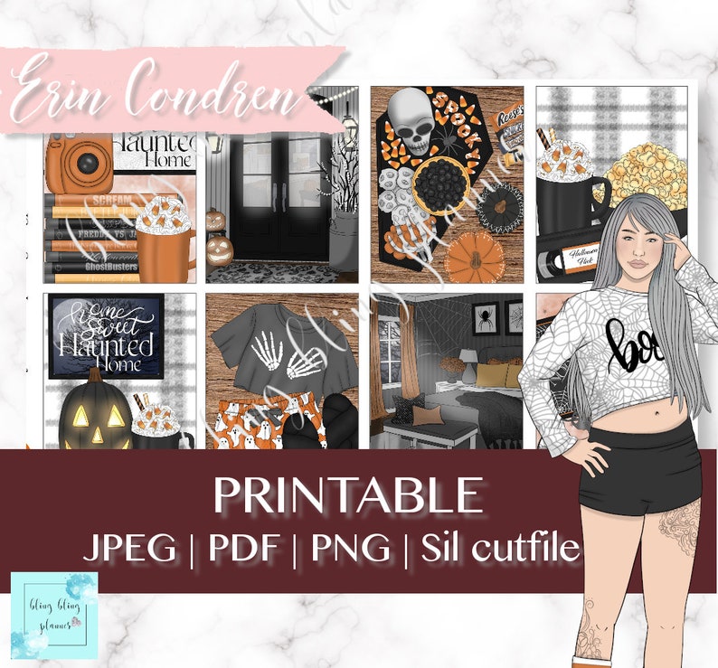 May include: Printable Halloween planner stickers featuring a spooky house, a skull, a girl in a spiderweb shirt, and a variety of other Halloween-themed designs. The stickers are in a variety of colors, including black, orange, white, and gray.