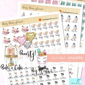 Op de afbeelding: Een digitaal, afdrukbaar vel met planner stickers met verschillende ontwerpen, waaronder een taart, een kopje met een gezicht en ballonnen. De tekst "Paaarty!" staat op het vel. De tekst "Cut File + Printable" staat ook op het vel.