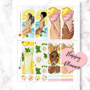 May include: A set of 9 planner stickers featuring a summer theme with lemons, ice cream cones, and daisies. The stickers include a woman in a swimsuit, a woman with a turban, and a glass of lemonade. The stickers are in a variety of colours, including yellow, pink, blue, and green. The stickers are designed for use in a planner or journal.