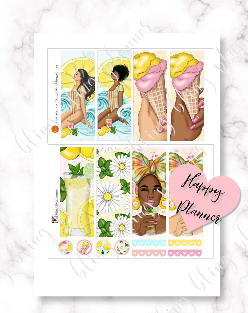 May include: A set of 9 planner stickers featuring a summer theme with lemons, ice cream cones, and daisies. The stickers include a woman in a swimsuit, a woman with a turban, and a glass of lemonade. The stickers are in a variety of colours, including yellow, pink, blue, and green. The stickers are designed for use in a planner or journal.