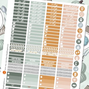 May include: A set of printable planner stickers with a fall theme. The stickers are in various shapes and sizes and feature a variety of designs, including pumpkins, leaves, and coffee cups. The stickers are in shades of green, orange, and brown.