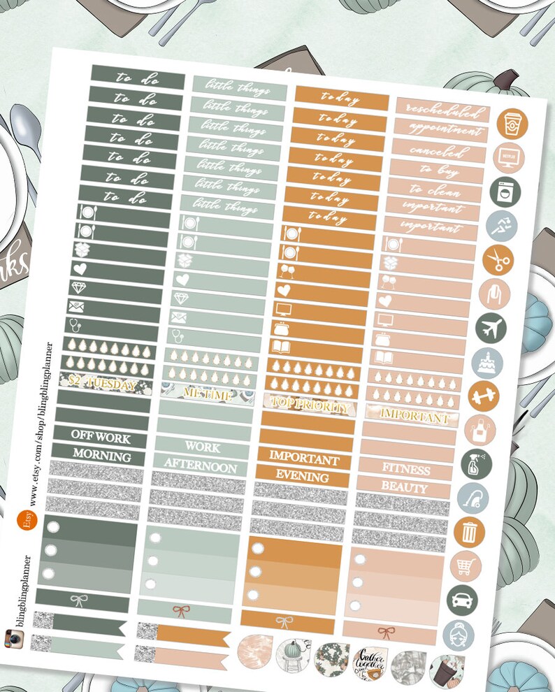 May include: A set of printable planner stickers with a fall theme. The stickers are in various shapes and sizes and feature a variety of designs, including pumpkins, leaves, and coffee cups. The stickers are in shades of green, orange, and brown.