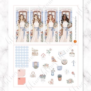 May include: A set of printable planner stickers featuring four women in floral dresses, a blue and white gingham pattern, a sign that says "The Pubg", a window with flowers, a teacup and saucer, a vase of flowers, a bunny, a birdhouse, a lamp, a book, a cat, and other floral designs.