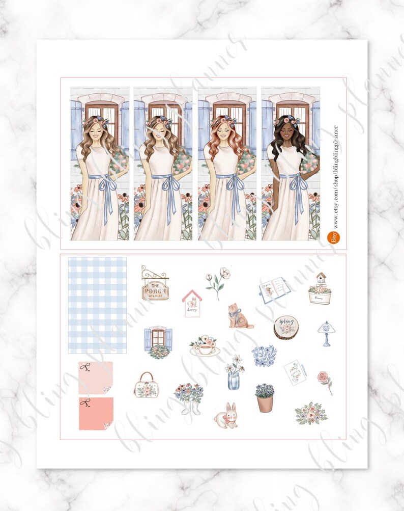 May include: A set of printable planner stickers featuring four women in floral dresses, a blue and white gingham pattern, a sign that says "The Pubg", a window with flowers, a teacup and saucer, a vase of flowers, a bunny, a birdhouse, a lamp, a book, a cat, and other floral designs.