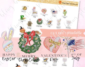 KALENDER VAKANTIE plannerstickers, afdrukbare vakantieplannerstickers, Amerikaanse vakantiestickers, het hele jaar door vakantiestickers, goodnotes