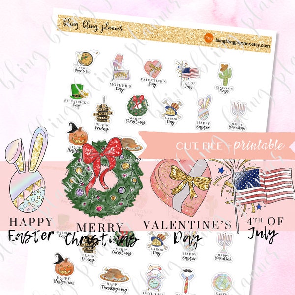 CALENDAR HOLIDAY Planner Stickers, Printable holiday planner stickers, US holiday stickers, all-year-around holiday stickers, goodnotes