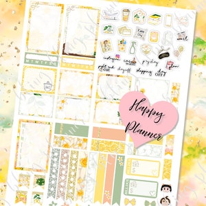 Puede incluir: Un conjunto de pegatinas de planificador amarillas y blancas con limones, flores y texto. Las pegatinas incluyen "Happy Planner", "D&iacute;a de pereza", "D&iacute;a libre", "Compras", "Plan", "Instagram", "Cortar y pegar", "Lavado de coches", "Viernes", "Trabajo", "Mi tiempo", y "Factura vencida".
