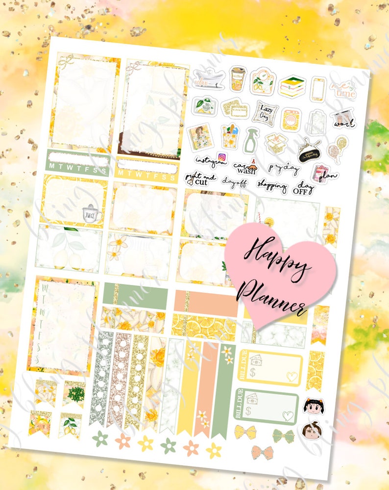 Puede incluir: Un conjunto de pegatinas de planificador amarillas y blancas con limones, flores y texto. Las pegatinas incluyen "Happy Planner", "D&iacute;a de pereza", "D&iacute;a libre", "Compras", "Plan", "Instagram", "Cortar y pegar", "Lavado de coches", "Viernes", "Trabajo", "Mi tiempo", y "Factura vencida".
