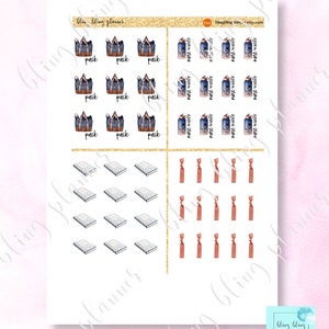 May include: A sheet of planner stickers with various designs. The stickers include a blue and white patterned tote bag, a water bottle, a notebook, and a hair tie. The text "pack" appears on the tote bag stickers. The text "water bottle" appears on the water bottle stickers. The text "bling bling planners" appears at the top of the sheet.