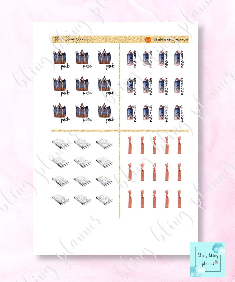 May include: A sheet of planner stickers with various designs. The stickers include a blue and white patterned tote bag, a water bottle, a notebook, and a hair tie. The text "pack" appears on the tote bag stickers. The text "water bottle" appears on the water bottle stickers. The text "bling bling planners" appears at the top of the sheet.