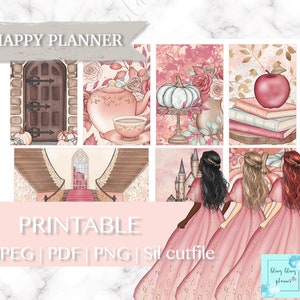 Puede incluir: Pegatinas imprimibles para planificador con un esquema de color rosa y dorado con imágenes de un castillo, una puerta, una tetera, una calabaza, una manzana y tres mujeres con vestidos rosas. El texto "HAPPY PLANNER" está en la parte superior de la imagen y el texto "PRINTABLE JPEG | PDF | PNG | Sil cutfile" está en la parte inferior de la imagen.