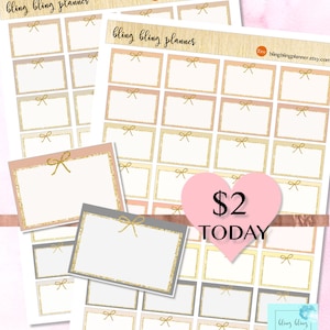 BOW HALF BOX planner sticker, Printable half box stickers, neutral planner stickers, gold bow half box, printable functional stickers, bling