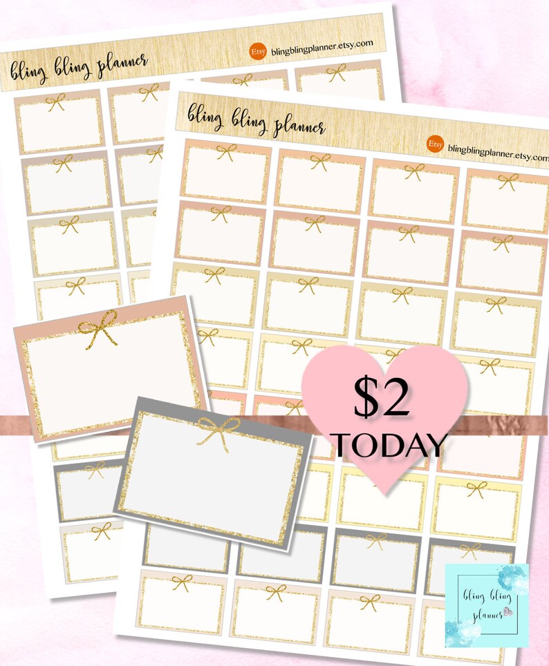 BOW HALF BOX planner sticker, Printable half box stickers, neutral planner stickers, gold bow half box, printable functional stickers, bling image 1