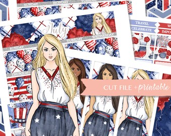 JULY MONTHLY KIT Printable, 4th of july planner stickers, Monthly view, printable planner sticker, independence day, erin condren monthly