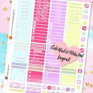 May include: A set of colorful planner stickers with a variety of designs, including hearts, stars, and glitter. The stickers are arranged in rows and columns on a white background. The text "Colorful & Netural layout" is written in pink on a white heart.