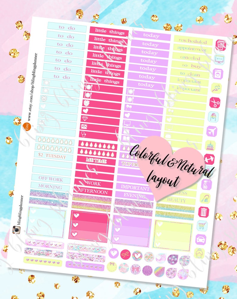 May include: A set of colorful planner stickers with a variety of designs, including hearts, stars, and glitter. The stickers are arranged in rows and columns on a white background. The text "Colorful & Netural layout" is written in pink on a white heart.
