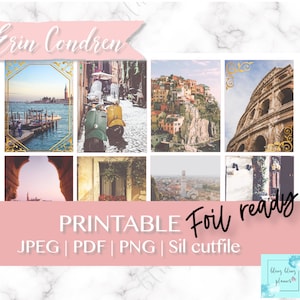 Puede incluir: Un collage de seis imágenes imprimibles con destinos de viaje italianos. Las imágenes incluyen una vista de Venecia, una scooter estacionada en una calle, una vista de una ciudad construida en un acantilado, una vista del Coliseo, una vista de un horizonte de la ciudad y una vista de una calle con un edificio con una ventana. El texto "PRINTABLE Foil ready" está en la parte inferior del collage. El texto "JPEG | PDF | PNG | Sil cutfile" está debajo del texto "PRINTABLE Foil ready".