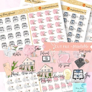 May include: A set of printable stickers for a budget planner. The stickers feature illustrations of a house, a phone, a piggy bank, a light bulb, a gas stove, and a laptop. The text "CUT FILE + printable" is also included.