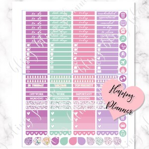 May include: A set of printable planner stickers with a pink, purple, and green color scheme. The stickers include various labels such as "to do", "little things", "today", "rescheduled", "appointment", "canceled", "to buy", "to clean", "important", "#2 Tuesday", "Me Time", "Top Priority", "Off Work", "Morning", "Work", "Afternoon", "Important", "Evening", and "Happy Planner".