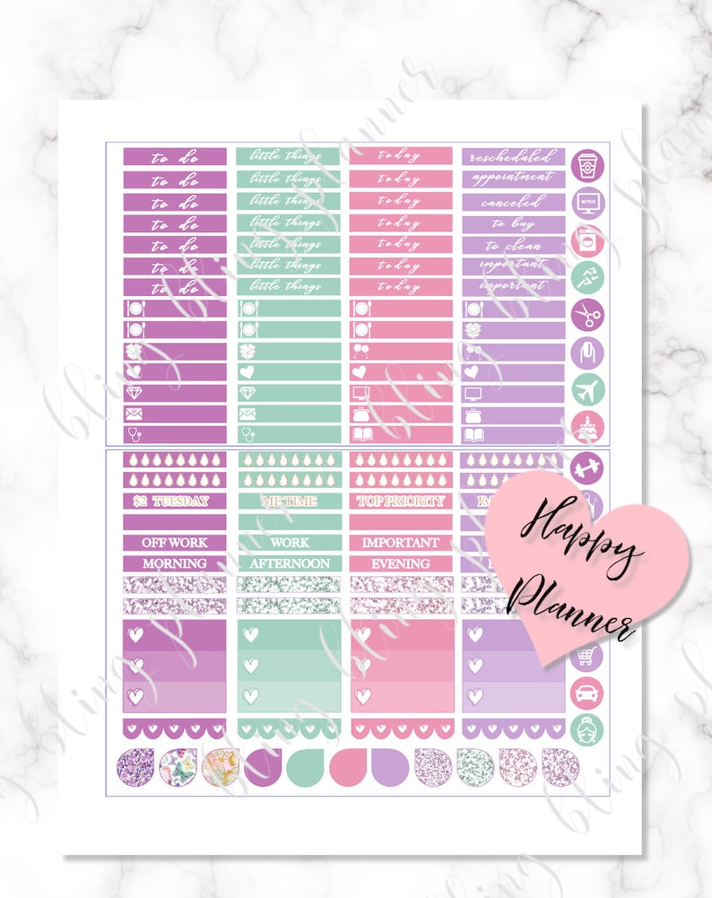 May include: A set of printable planner stickers with a pink, purple, and green color scheme. The stickers include various labels such as "to do", "little things", "today", "rescheduled", "appointment", "canceled", "to buy", "to clean", "important", "#2 Tuesday", "Me Time", "Top Priority", "Off Work", "Morning", "Work", "Afternoon", "Important", "Evening", and "Happy Planner".