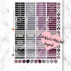 May include: A set of planner stickers with a black, gray, and purple color scheme. The stickers feature various designs, including hearts, bows, and raindrops. The text "Colorful & Neutral Layout" is written in pink on a heart-shaped sticker.