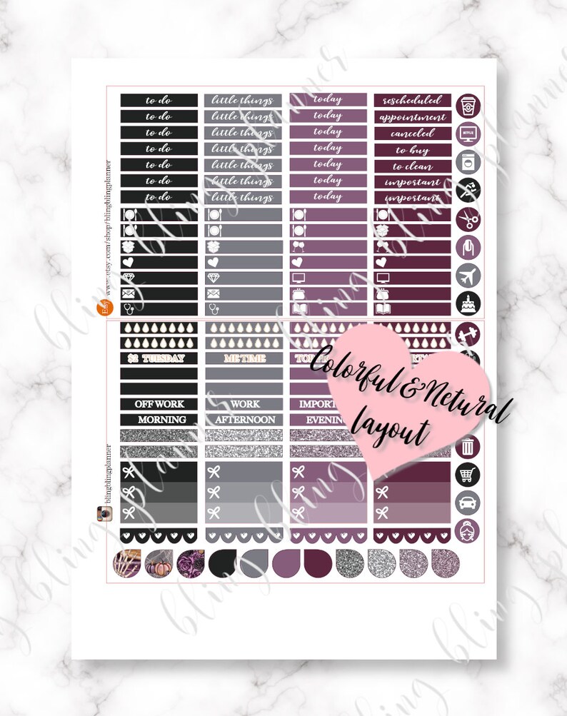 May include: A set of planner stickers with a black, gray, and purple color scheme. The stickers feature various designs, including hearts, bows, and raindrops. The text "Colorful & Neutral Layout" is written in pink on a heart-shaped sticker.