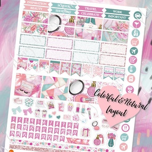 Peut inclure: Un ensemble d'autocollants de planificateur color&eacute;s avec un sch&eacute;ma de couleurs rose, vert et blanc. Les autocollants pr&eacute;sentent diverses images, notamment des fleurs, du maquillage et d'autres &eacute;l&eacute;ments d&eacute;coratifs. Les autocollants sont con&ccedil;us pour &ecirc;tre utilis&eacute;s dans un planificateur ou un journal.