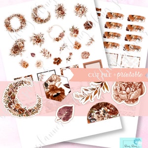 Puede incluir: Un conjunto de pegatinas digitales imprimibles con diseños florales y de hojas en tonos marrones, beige y blanco. Las pegatinas incluyen coronas, círculos, cuadrados y un hexágono. El texto "CUT FILE + printable" es visible en la imagen.