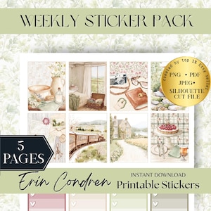 May include: A weekly sticker pack featuring watercolor illustrations. The pack includes images of a bedroom, camera, train, and dessert. The text on the image reads "WEEKLY STICKER PACK", "5 PAGES", "Erin Condren", and "Printable Stickers".