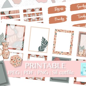 May include: Printable planner stickers with a terrazzo, floral, and geometric design. The stickers include days of the week, "Day Off", and blank spaces for writing. The text "PRINTABLE JPEG | PDF | PNG | Sil cutfile" is at the bottom of the image.