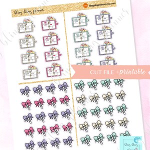 May include: Printable planner stickers featuring a set of 12 colorful planner pages and 36 bow-shaped stickers in pink, purple, and blue.