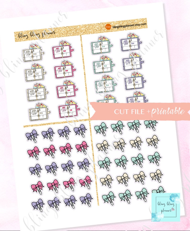 May include: Printable planner stickers featuring a set of 12 colorful planner pages and 36 bow-shaped stickers in pink, purple, and blue.