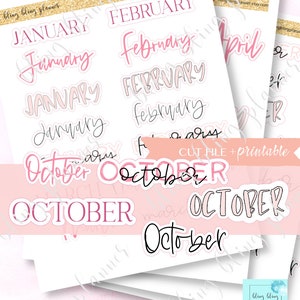 PEGATINAS DEL MES IMPRIMIBLES, pegatinas del planificador de guiones del mes, pegatinas de octubre, pegatinas del planificador del mes rosa, pegatinas del planificador imprimibles, buenas notas