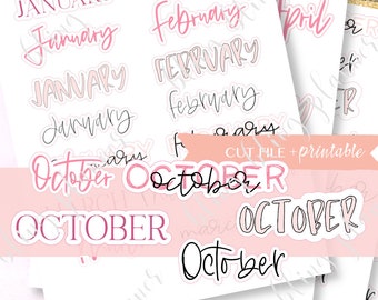 PRINTABLE MONTH STICKERS, Month script planner stickers, October stickers, pink month planner stickers, printable planner sticker, goodnotes