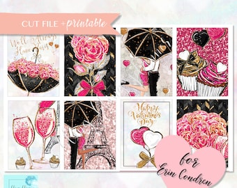 May include: A printable planner sheet with romantic illustrations. The design includes images of roses, couples under umbrellas, champagne glasses, cupcakes, and the Eiffel Tower. Text includes "Well Always Have Paris" and "Happy Valentine's Day".
