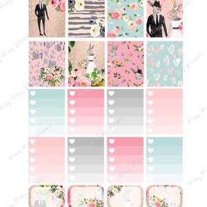 May include: A set of 15 printable planner stickers featuring a watercolor floral theme with bunnies, hearts, and a couple in wedding attire. The stickers are in shades of pink, blue, and gray.